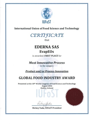 Prizewinner of the Best process innovation at the IUFoST Awards